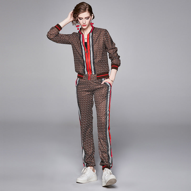 European and American Fashion All-match Positioning Printing Jacket Fashion Casual Sports Pants Suit