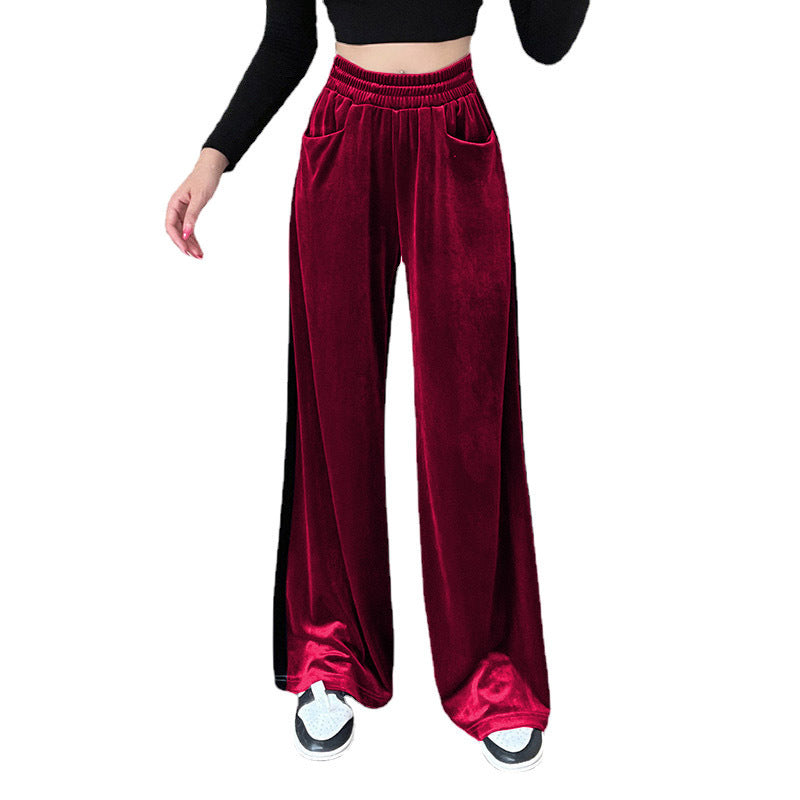 Suede Waistband Versatile Vertical Splicing Straight Trousers