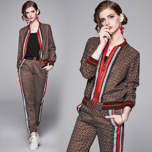 European and American Fashion All-match Positioning Printing Jacket Fashion Casual Sports Pants Suit