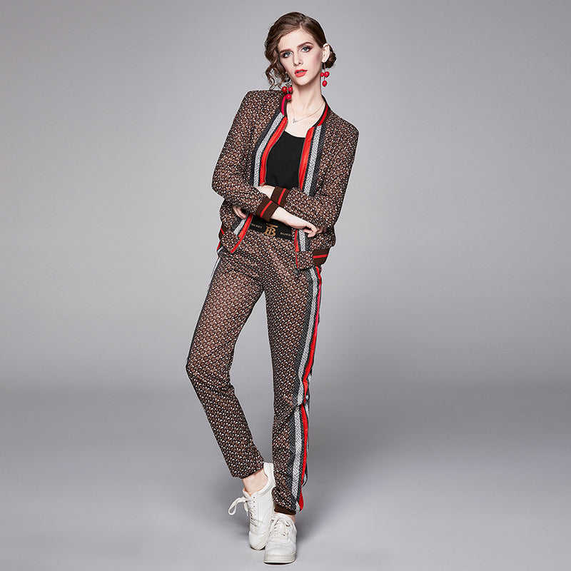 European and American Fashion All-match Positioning Printing Jacket Fashion Casual Sports Pants Suit