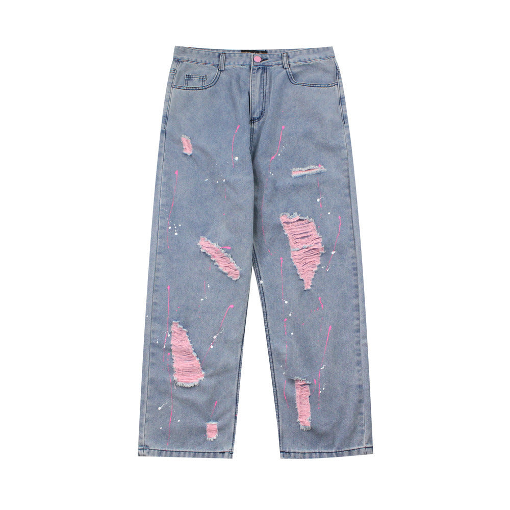 Street Fashion Brand Splash Ink Ripped Hole Washed Jeans Men's Hip-hop Trend Loose Straight Trousers