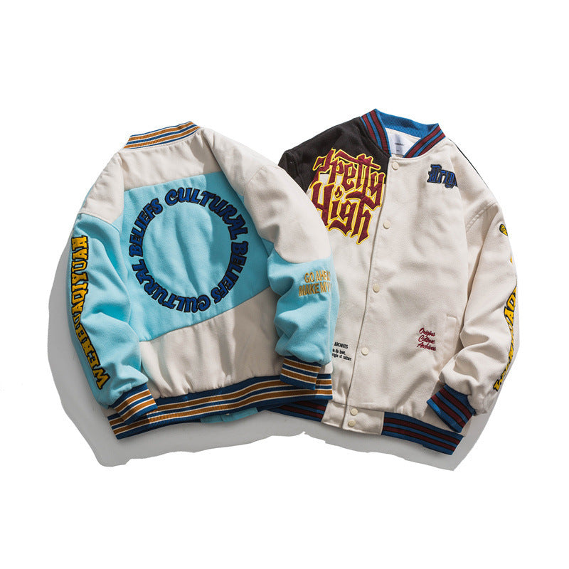 Embroidered Stitching Baseball Padded Jacket Men