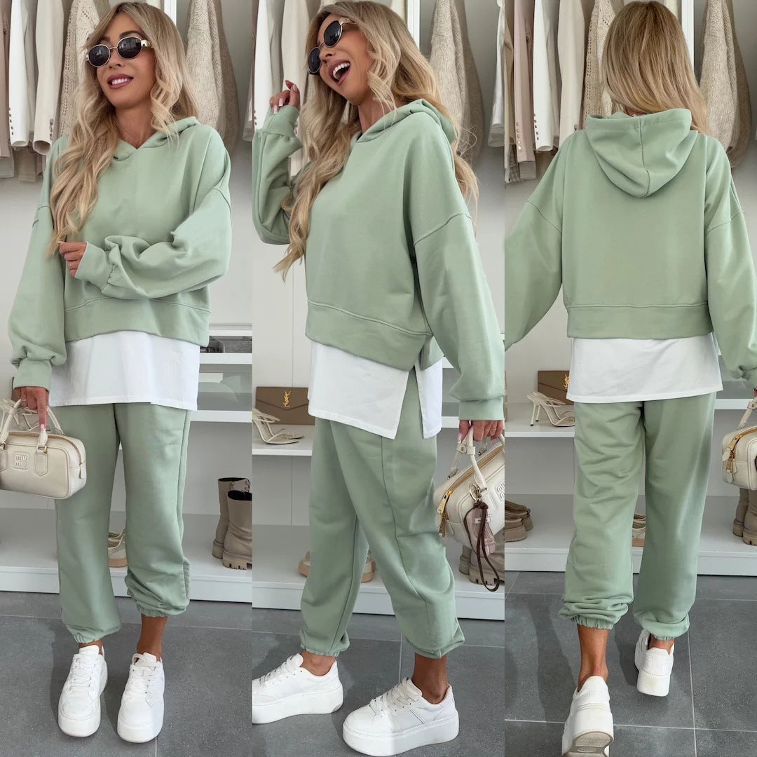 Hooded Sweatshirt Suit Loose Long Sleeve False Two-piece Tops And Jogger Sports Trousers Casual Spots Set For Women's Clothing