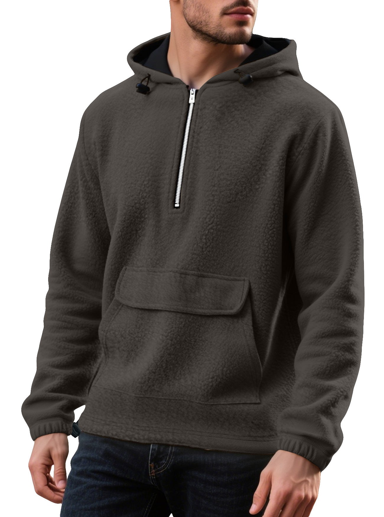 Padded Fleece Sweater Solid Color Half Zip Hooded Work Clothes Pullover