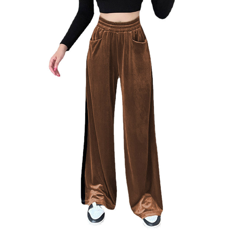 Suede Waistband Versatile Vertical Splicing Straight Trousers