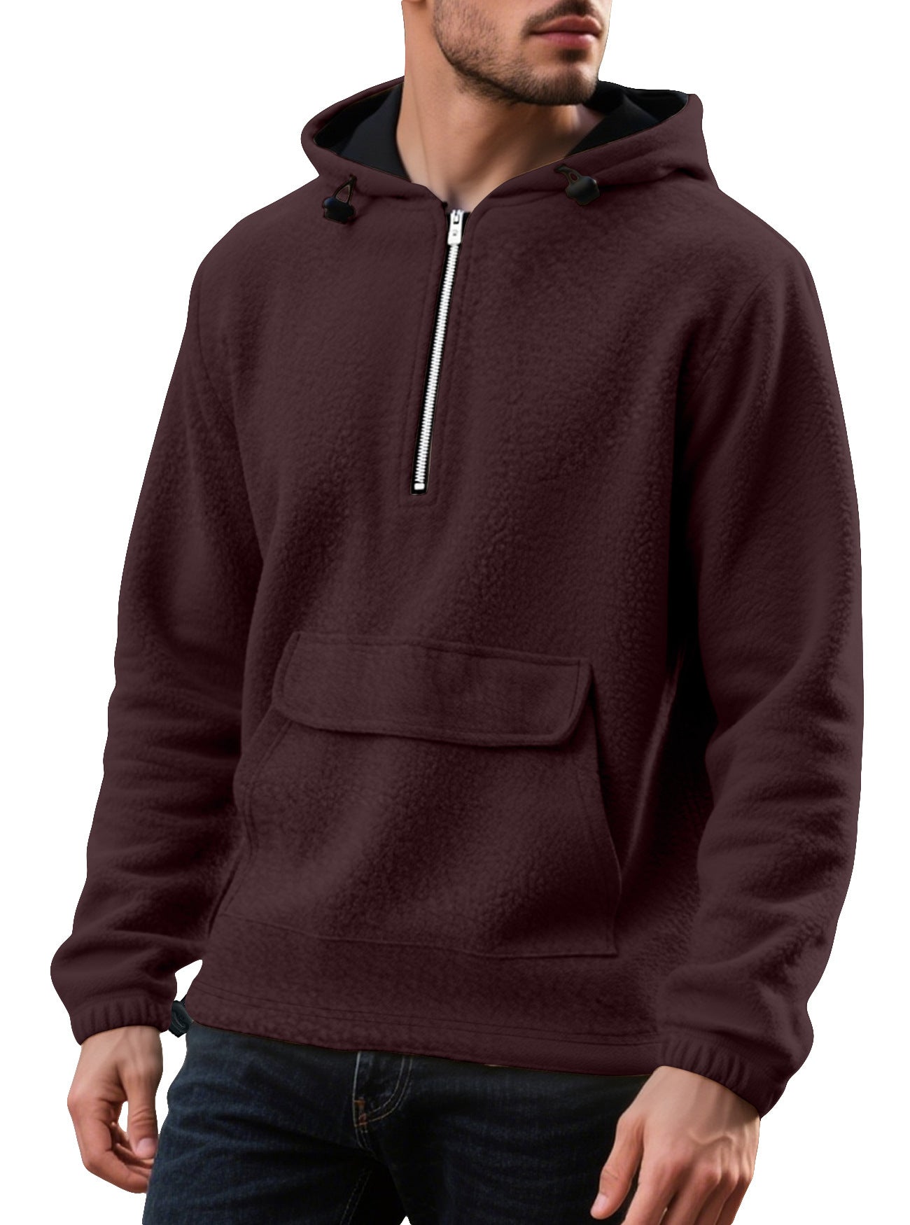 Padded Fleece Sweater Solid Color Half Zip Hooded Work Clothes Pullover