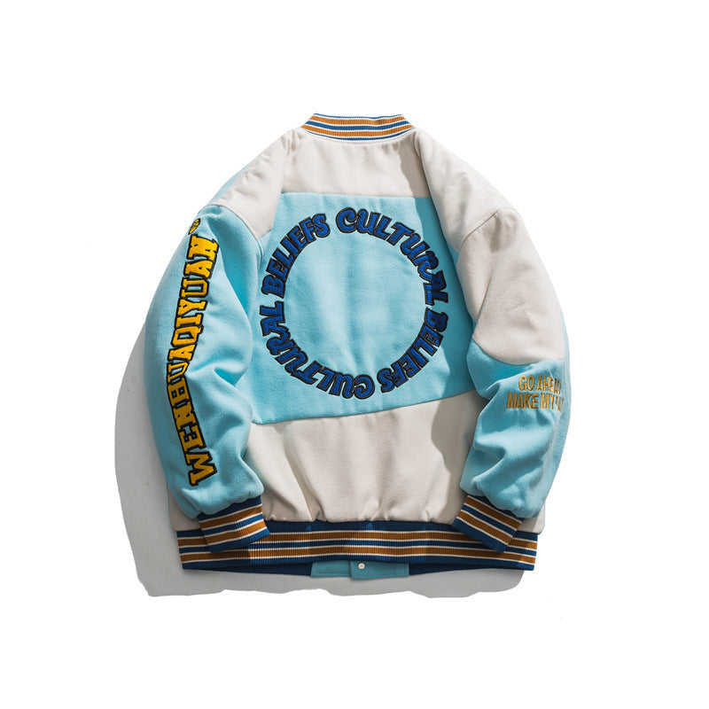 Embroidered Stitching Baseball Padded Jacket Men